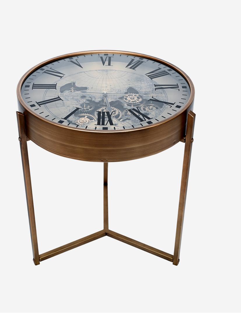 Atlas moving cogs side table with glass top and vintage world map clock design