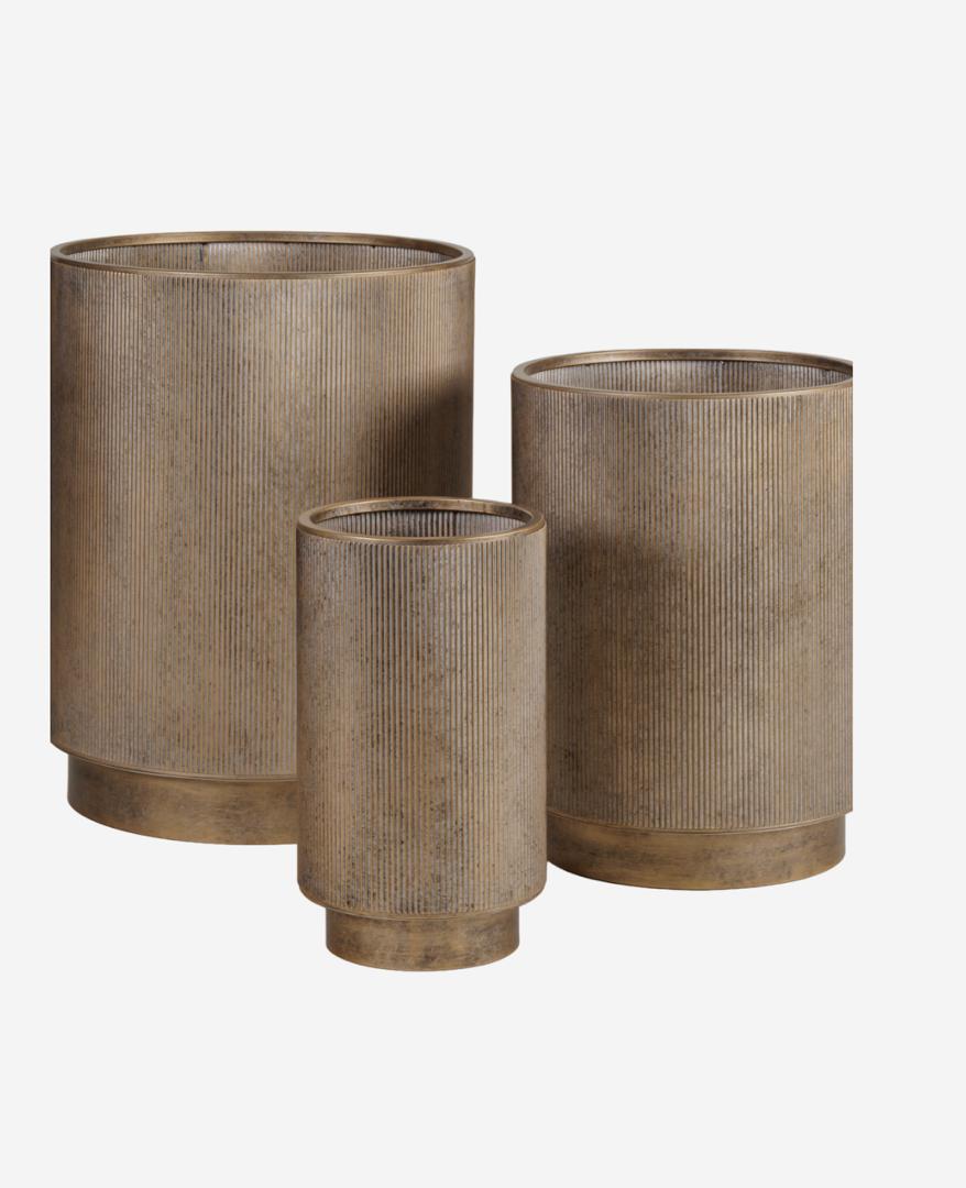 Belvedere aged gold set of 3 floor planters with corrugated metal finish