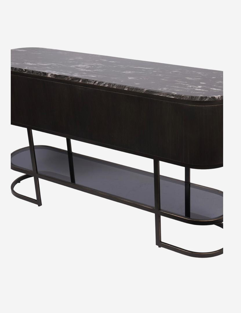 Belvedere black console table with marble top and bronze frame