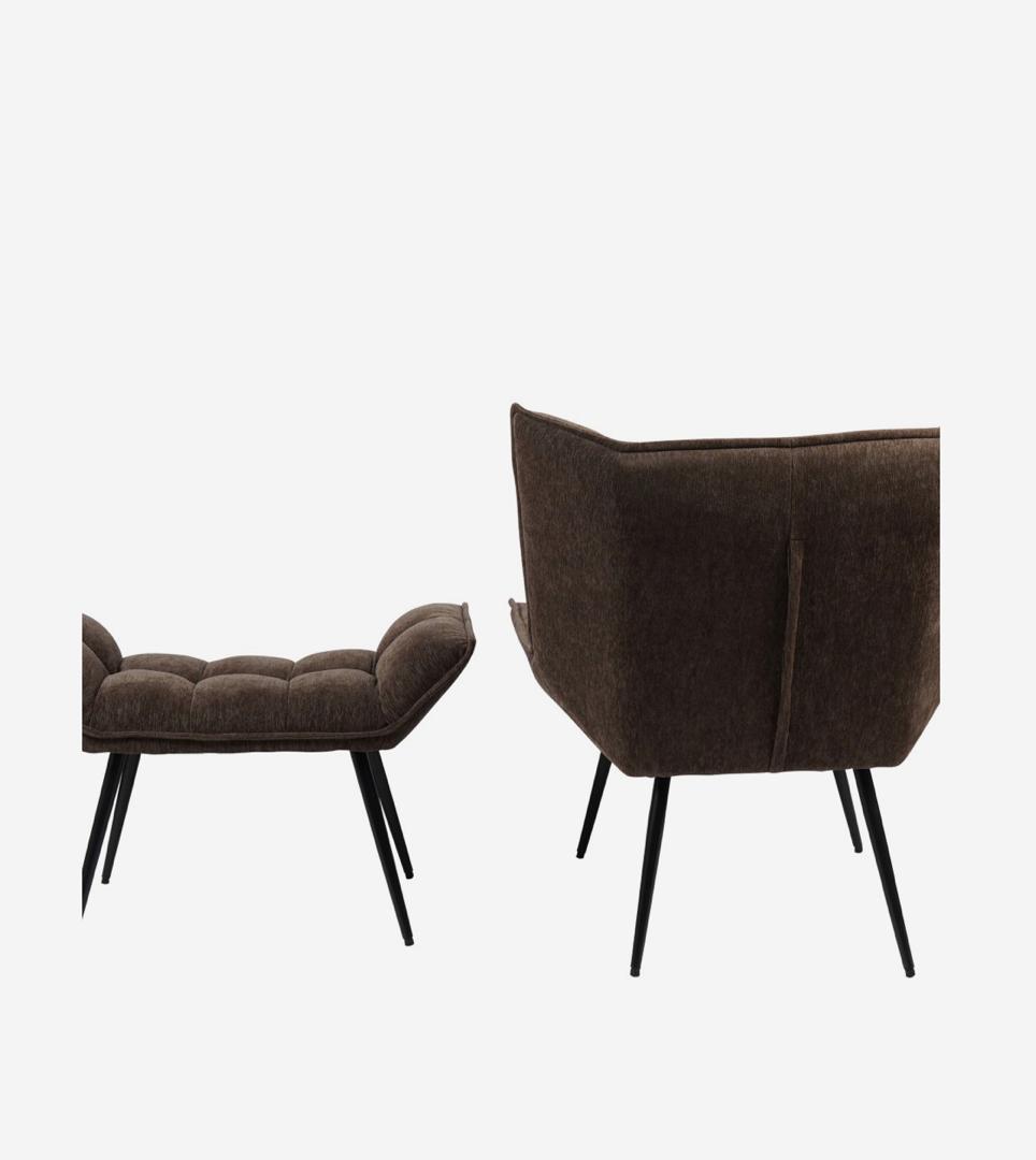 Chrishall occasional chair with footstool in brown velour upholstered fabric