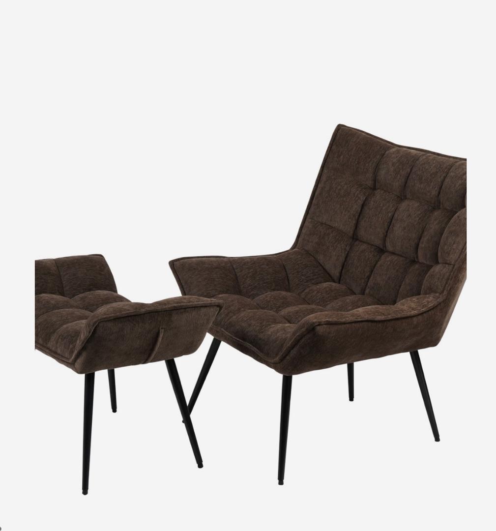 Chrishall occasional chair with footstool in brown velour upholstered fabric