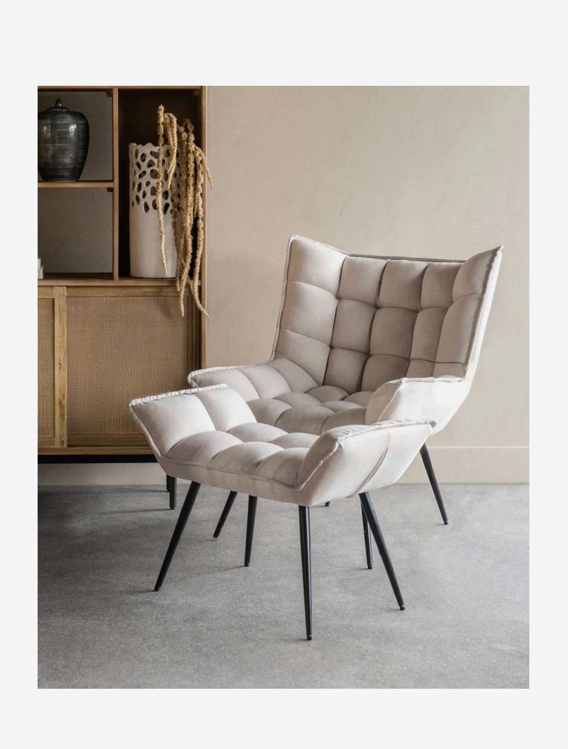 Chrishall occasional chair with footstool in oatmeal linen fabric