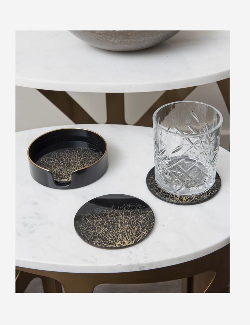 Coral design black and gold coasters set of 4 with mirrored finish