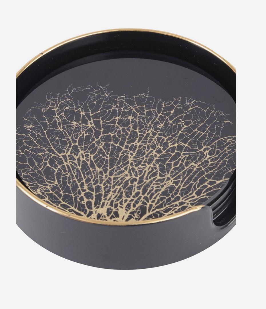 Coral design black and gold coasters set of 4 with mirrored finish