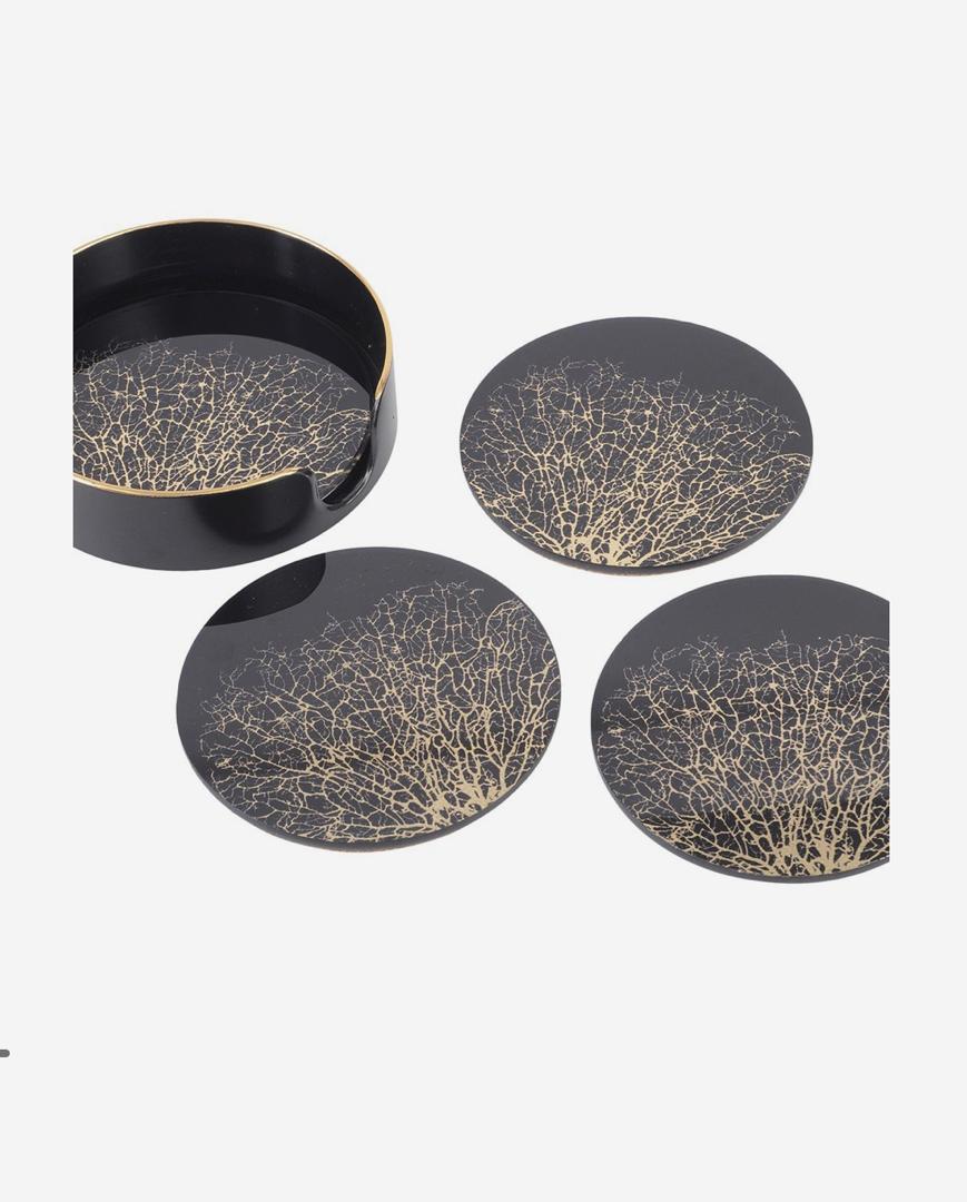 Coral design black and gold coasters set of 4 with mirrored finish