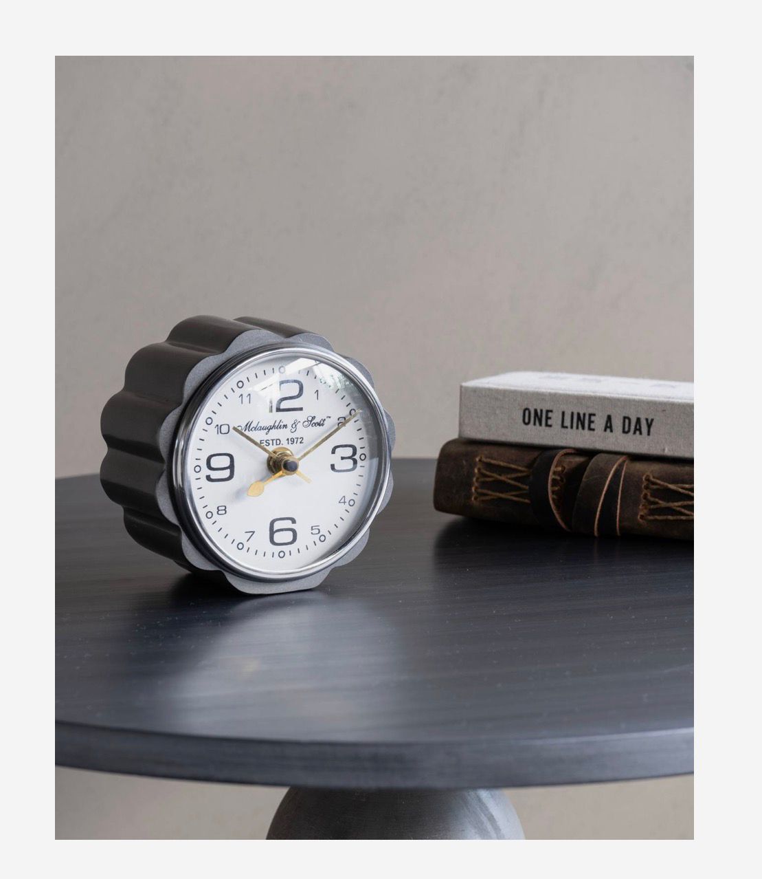 Curve detail mantel clock with satin grey finish white dial and bold black numerals