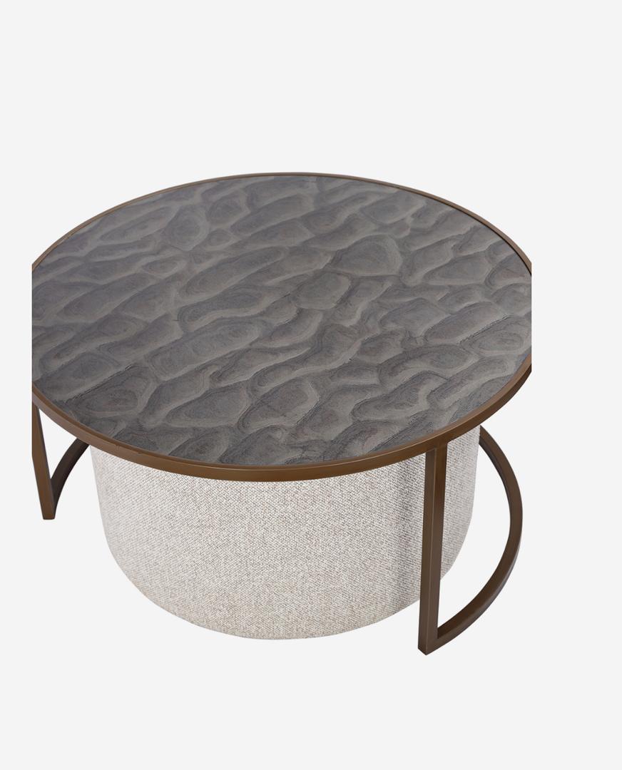 Driftwood ripple coffee table with glass top and taupe nesting pouffe