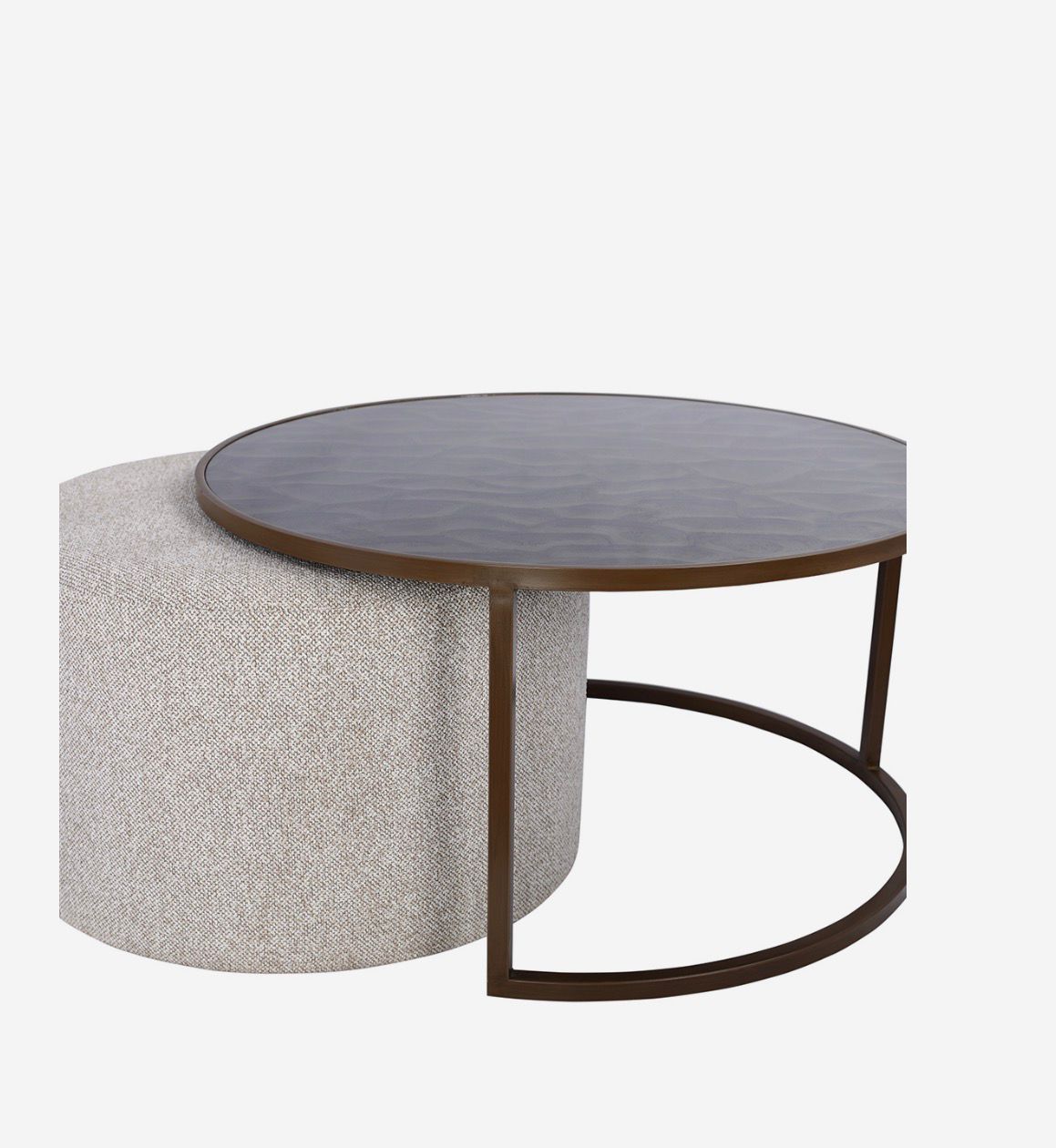 Driftwood ripple coffee table with glass top and taupe nesting pouffe