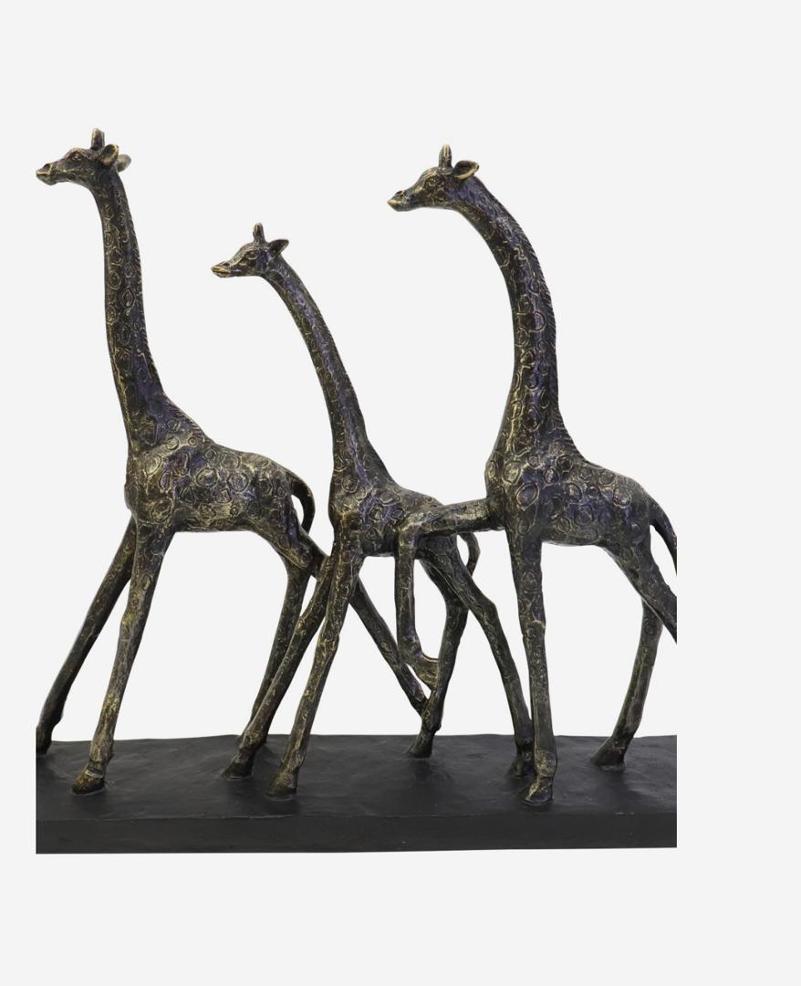 Family of three giraffes sculpture in bronze on black base