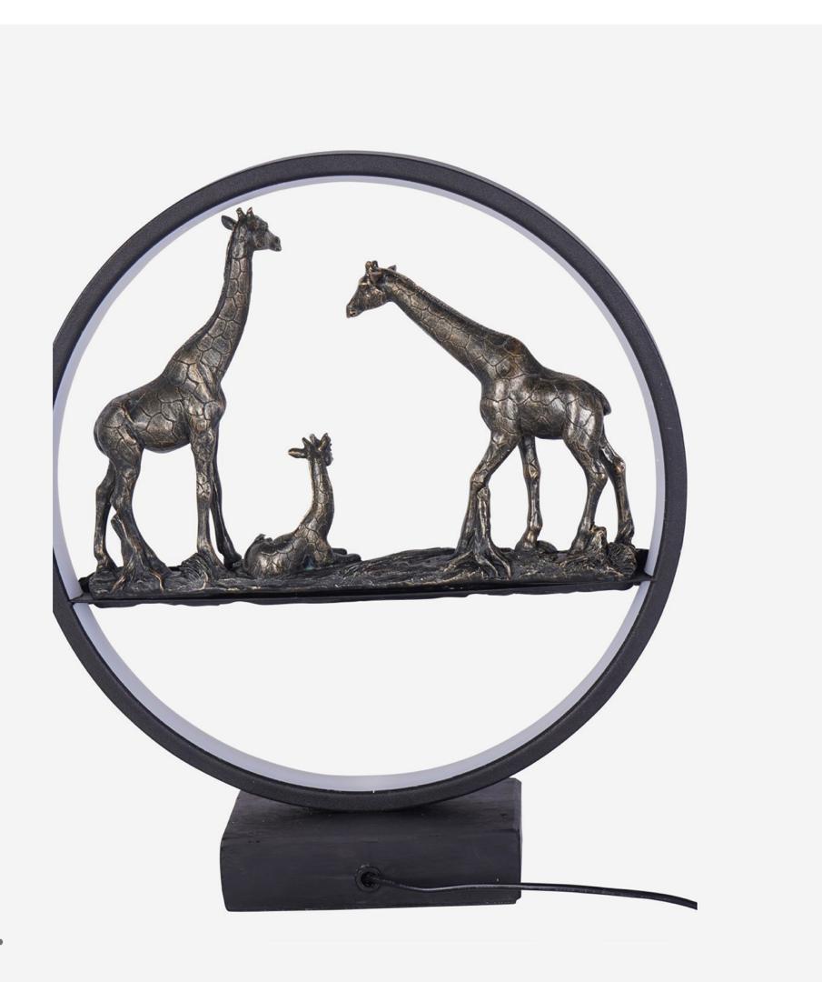Giraffe family LED sculpture with bronze finish and circular light