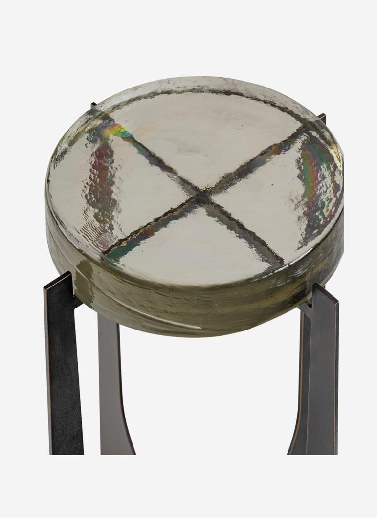 Glenthorpe brick glass accent table with hammered glass top and bronze base