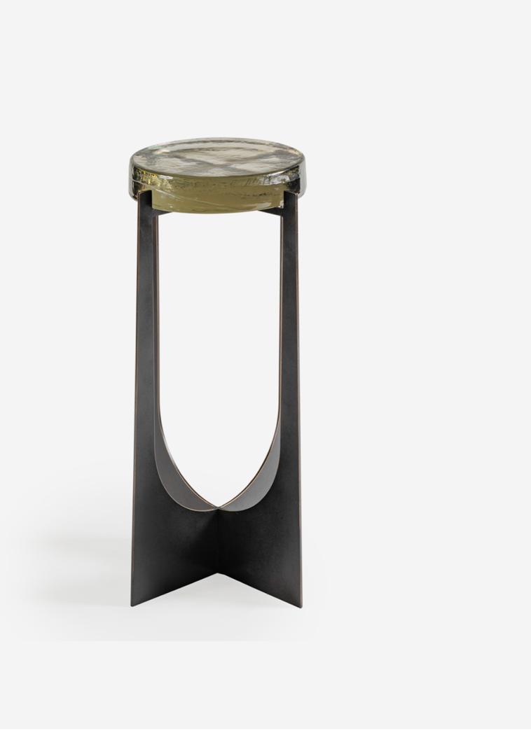 Glenthorpe brick glass accent table with hammered glass top and bronze base