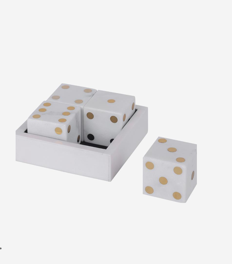 Harris white marble dice set with antique brass detailing in marble storage box