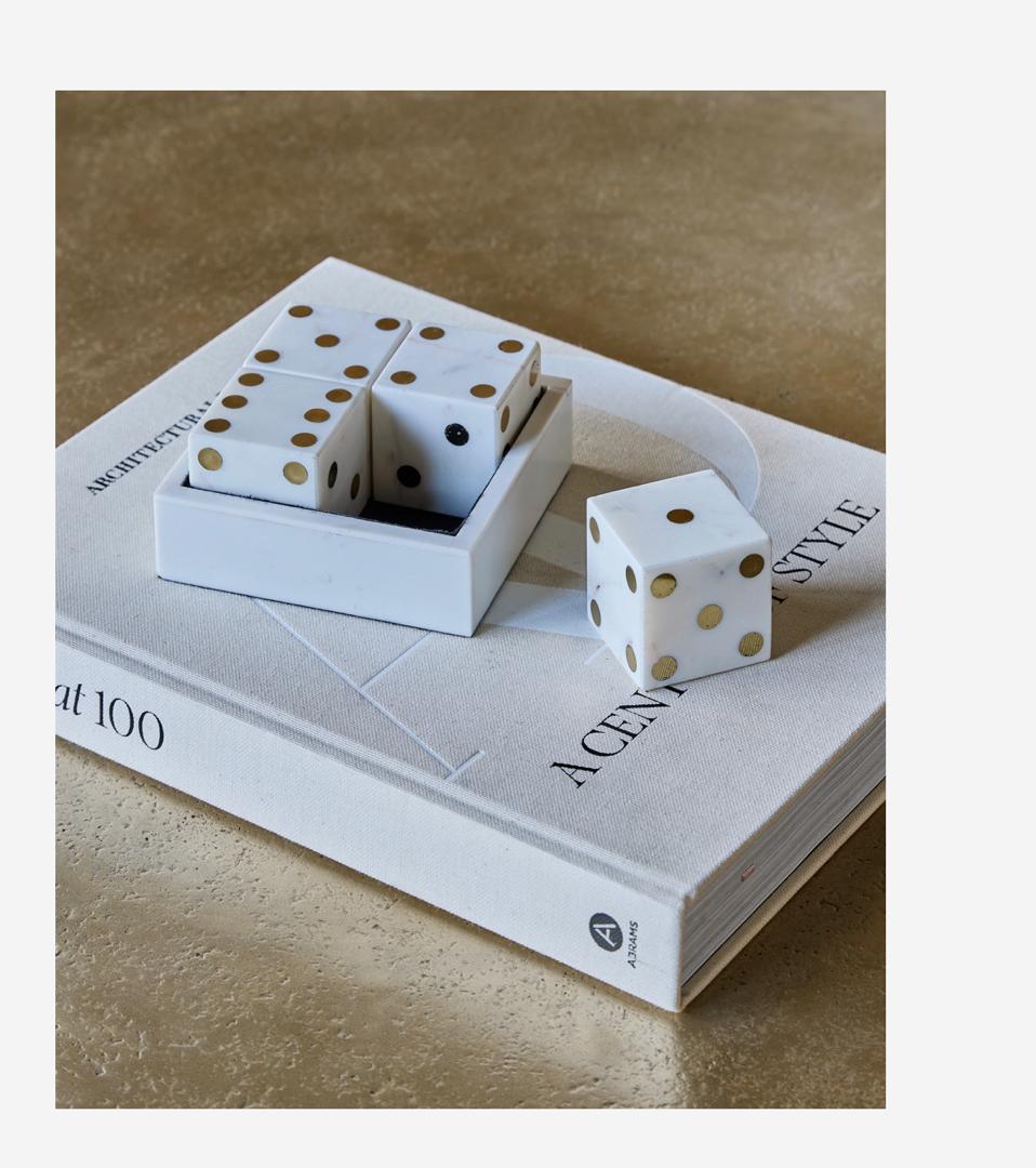 Harris white marble dice set with antique brass detailing in marble storage box