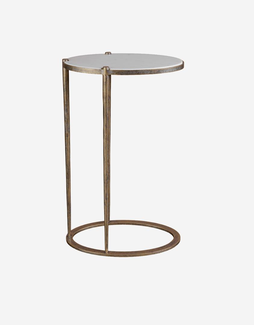 Iota oval accent table with white banswara marble top and aged champagne gold base