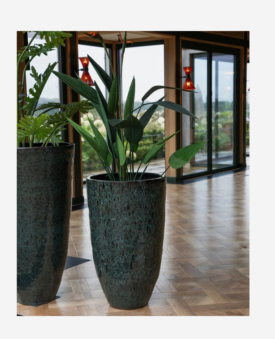 Mederno tall ceramic planter in green with reactive glaze finish