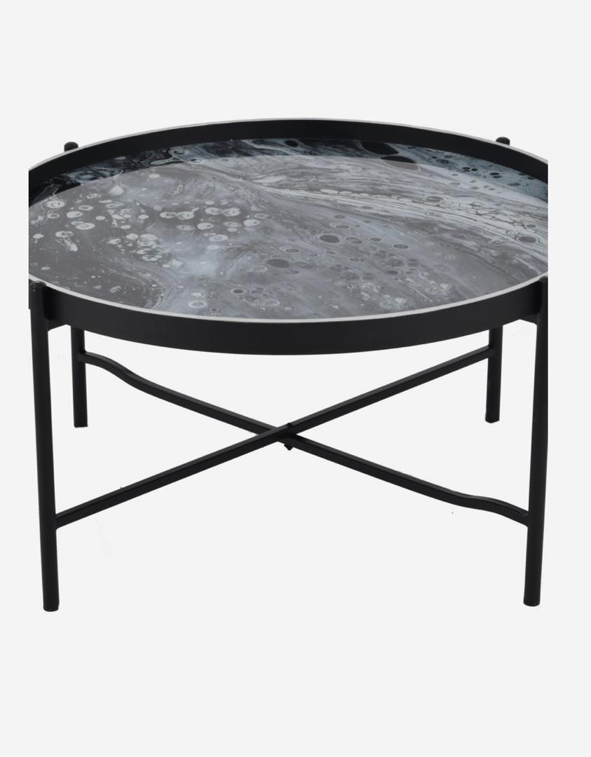 Monochrome swirl coffee tray table with black frame and silver rim