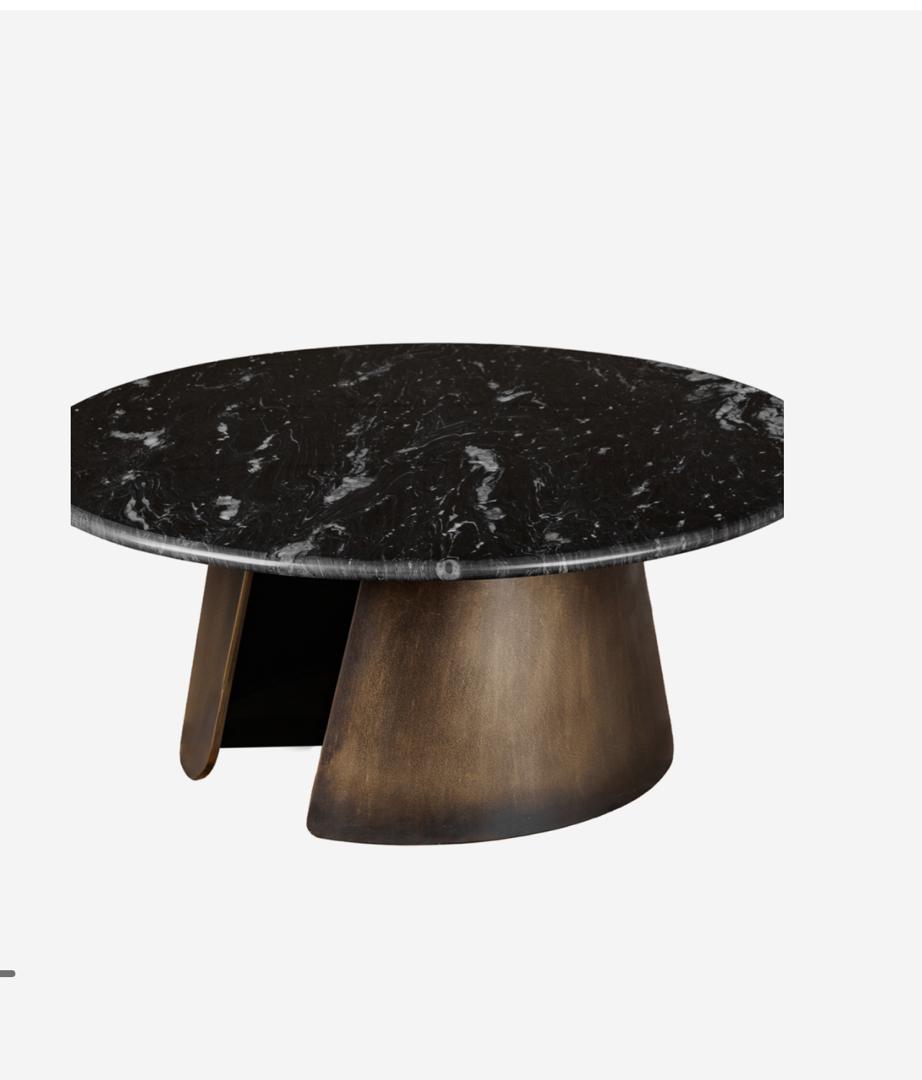 Newton crescent coffee table with black Markino marble top and smoked gold base