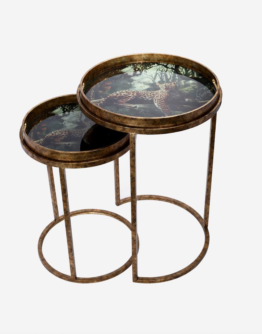 Lounging leopard nestling table duo with jungle design and gold frame