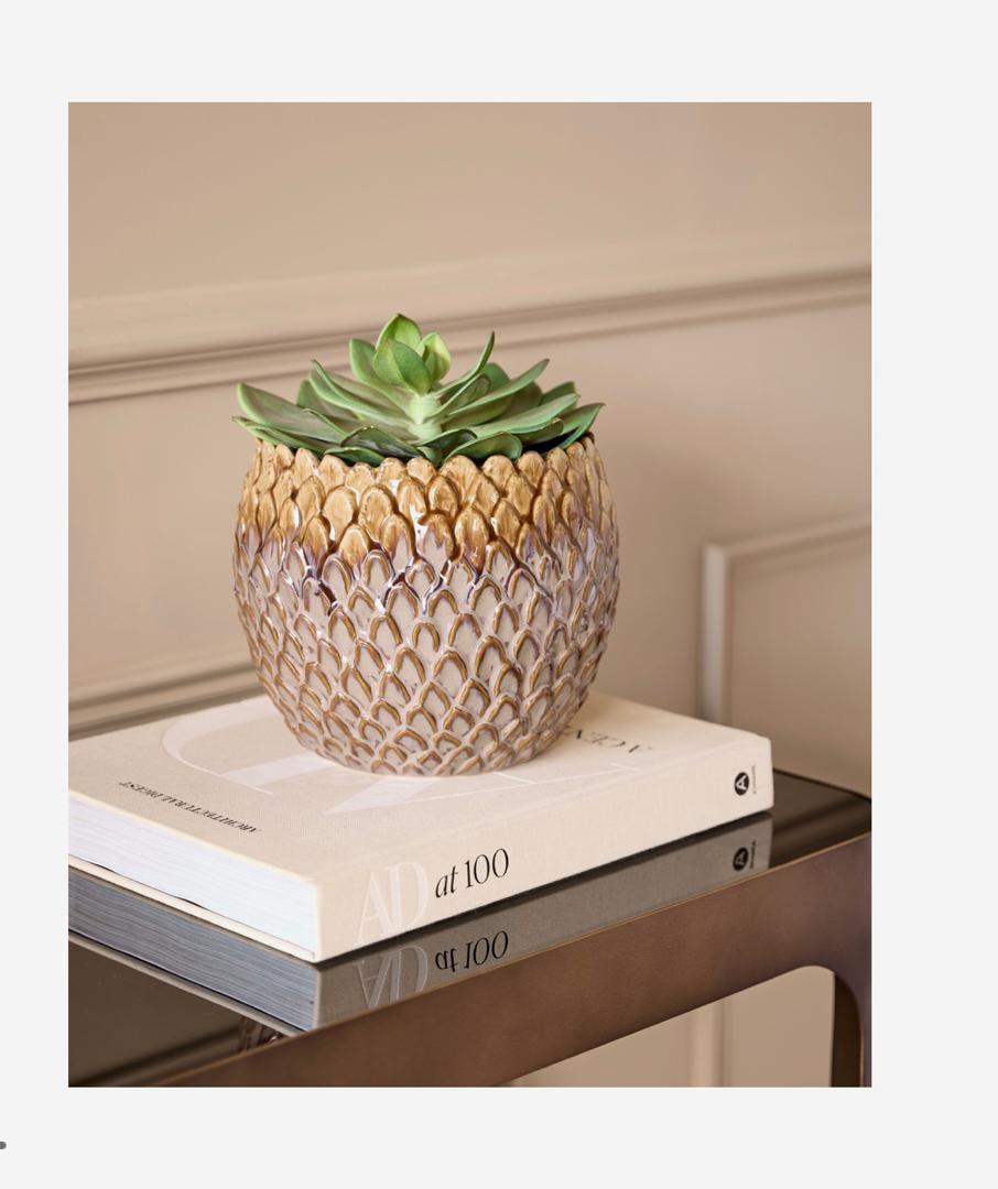 Pinecrest small ceramic planter with reactive glaze and scale textured surface