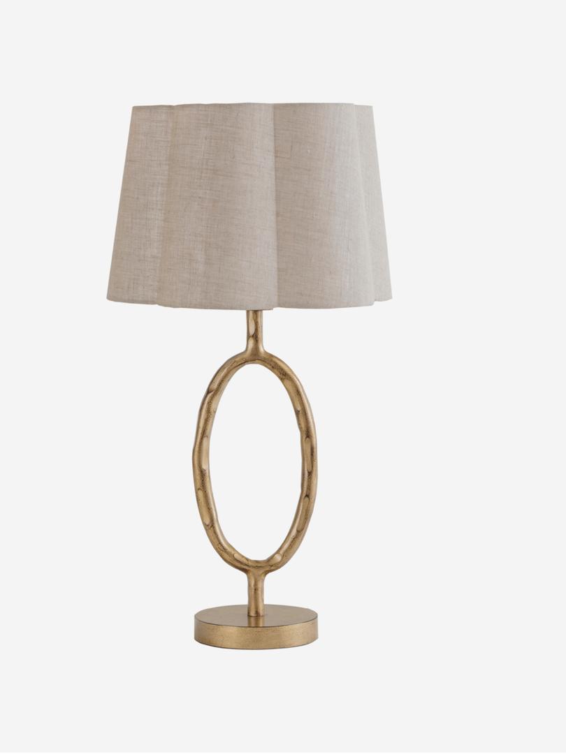 Ronde table lamp with champagne metal base and linen shade