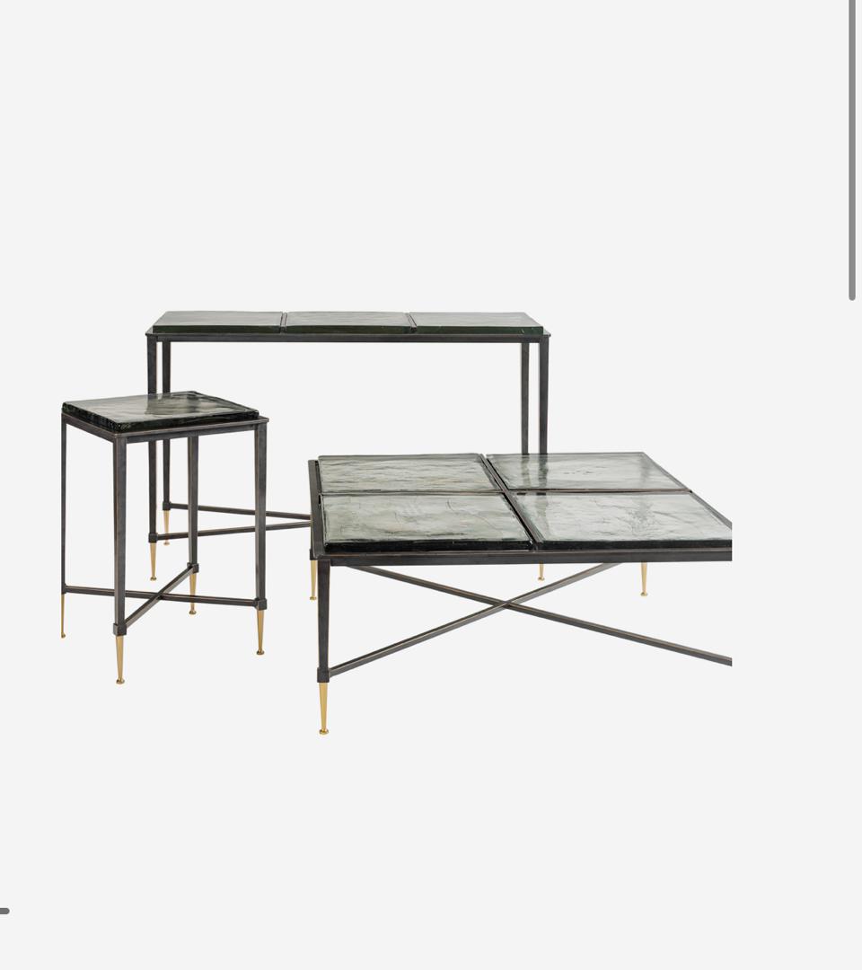 Stella square coffee table with textured glass top and gold frame