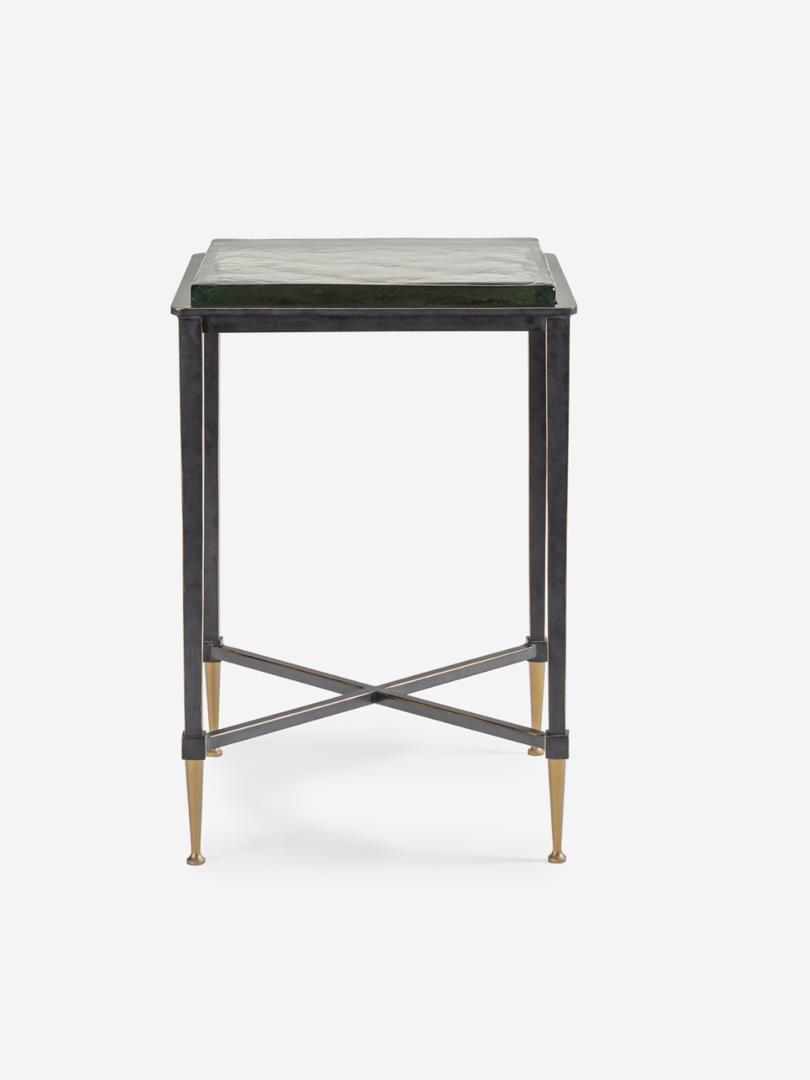 Stella square side table with textured glass top and bronze metal frame