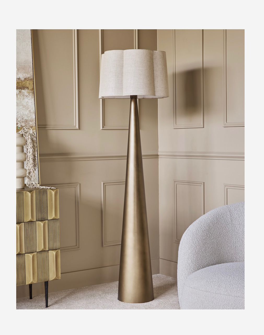 Southbourne floor lamp with smoked gold base and linen shade