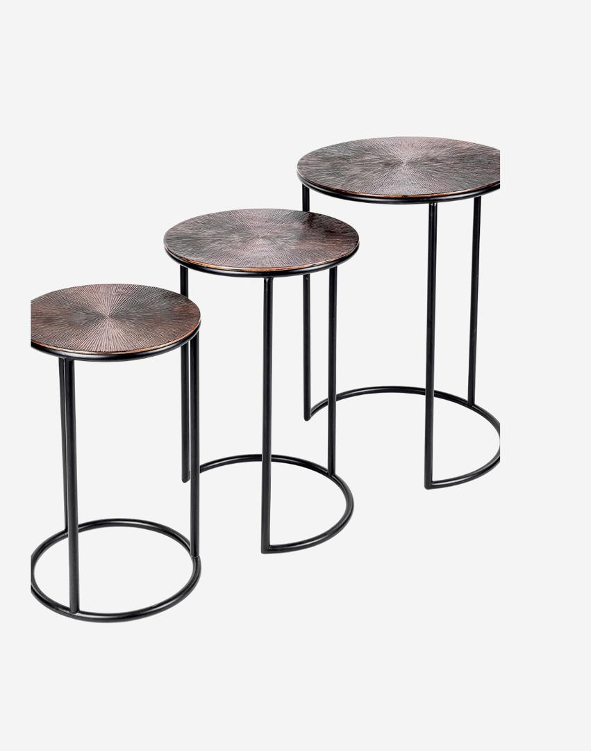 Tambora set of 3 metal nesting tables with copper textured tops