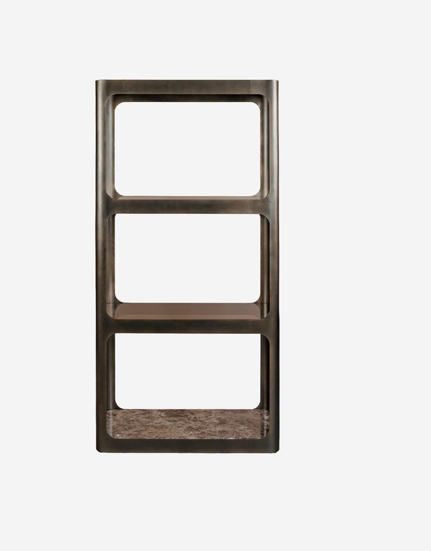 Thorpe smoked bronze shelving unit with glass shelves and marble base