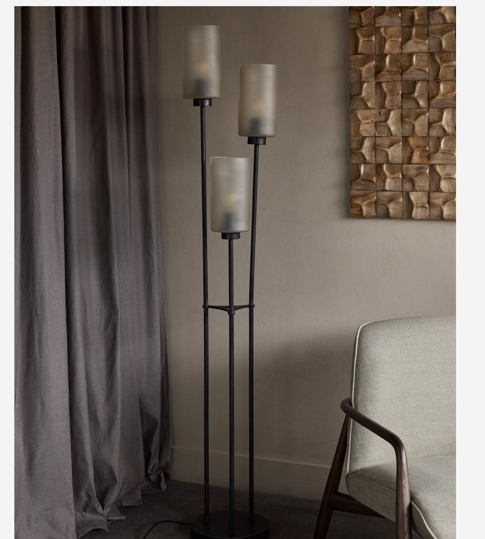 Trivia 3 light floor lamp with frosted glass shades and black frame