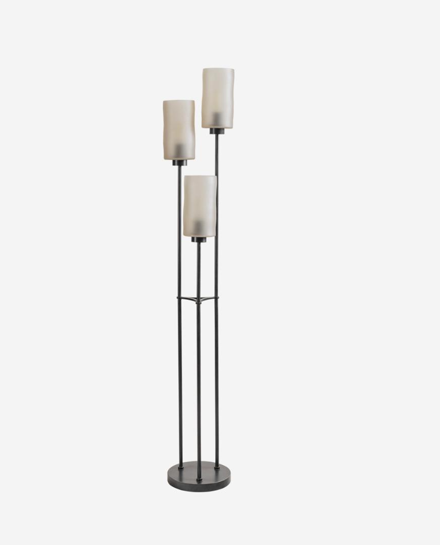 Trivia 3 light floor lamp with frosted glass shades and black frame