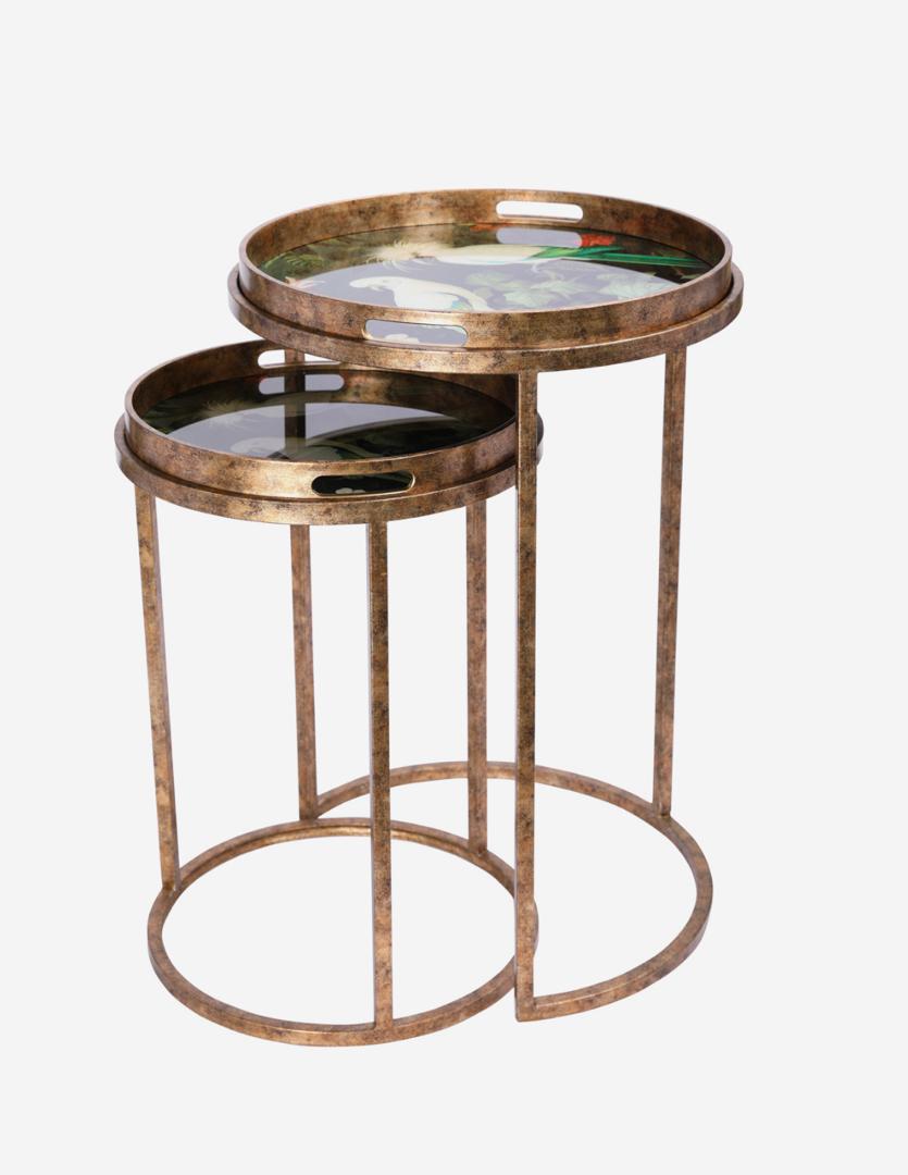 Tropical birds set of 2 nesting side tray tables with gold frame