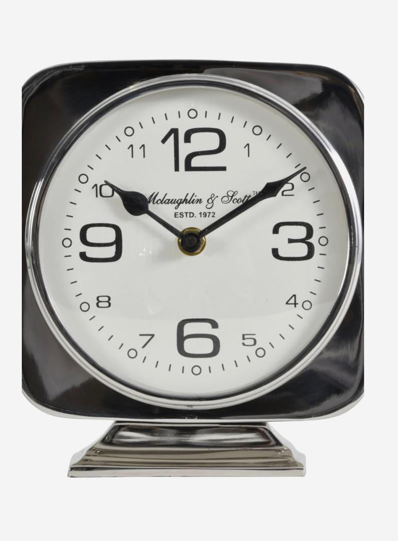 Vickery silver nickel square mantel clock on pedestal stand